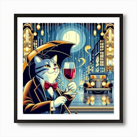 Cat Drinking Wine In The Rain 6 Art Print