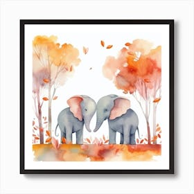 Elephants In Autumn Watercolor Art Print