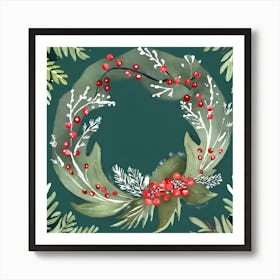 Christmas Wreath Wall Art Green Background Botanical Style #3 Art Print