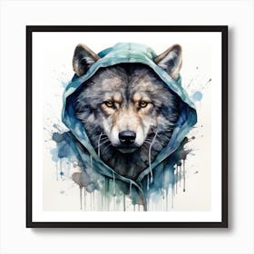 Watercolour Cartoon Wolf In A Hoodie Art Print