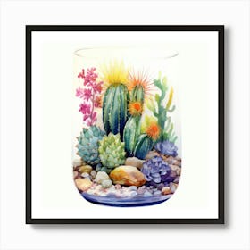 Watercolor Colorful Cactus in a Glass Jar 2 Art Print