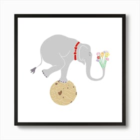 Elephant Balancing On Cookie With Flowers, Fun Circus Animal, Cake, Biscuit, Sweet Treat Print, Square Art Print