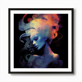 Abstract woman, blue and red art print. Cool and calming artwork. Feeling Blue Art Print