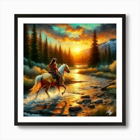 Cowboy Riding Across A Stream 8 Copy Art Print