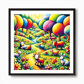 Super Kids Creativity:Colorful Animals In A Field Art Print