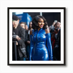 An Ethopialen Black Woman Voluptuous Sexy Wearing A Blue Full Latex Dress on the Red Carpet - Created by Midjourney Art Print