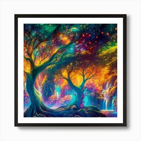 A captivating scene of trees that appear to be alive, with twinkling lights and vibrant 16 Art Print