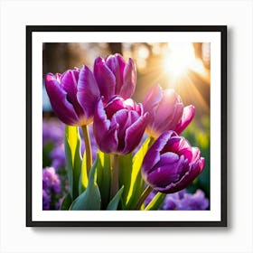 Bouquet Of Vibrant Purple Tulips Rising Toward A Majestic Sun In A Lush Spring Park Three Graceful Art Print