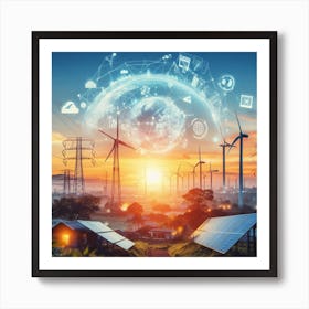 Sunset With Wind Turbines And Solar Panels Art Print