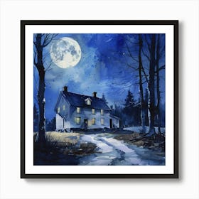 The Farmhouse on a Full Moon Blue Tones Watercolor Art Print~ Americana Vintage Wholesome Art Decor | Dreamy Idyllic Art Print