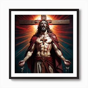 Bleeding Jesus crucified to the wooden cross,looking hopefully to heaven,dramatic atmosphere. head and shoulders portrait,8k resolution...Generated with AI,Art Style_Imagine V3,CFG Scale_10.0,Step Scale_50. Art Print