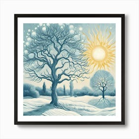 Winter Scene With Trees And Sun Art Print