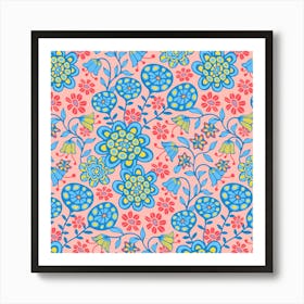 GARDEN WILD Boho Floral Cottage Botanical in Icy Blues Red Sunshine Yellow on Pink Art Print