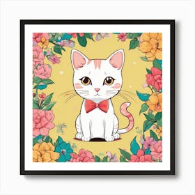 Cute Cat With Flowers Art Print