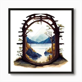 Nature Landscape With Archway, Lake, And Mountains Art Print