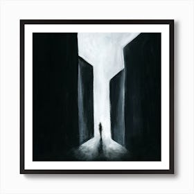 Leaving Labyrinth Painting Figure Darkness Light Surrealist Square Black And White Person Meaning Symbolism Healing Relief Bedroom Art Print