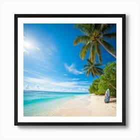 A Sunny Beach In A Tropical Paradise Palm Trees Bending Slightly Above The Turquoise Waters Edge 2 1 Art Print