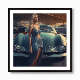 Beautiful Woman In A Dress Next To A Car Art Print