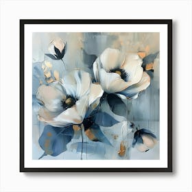 Abstract Painting Of Two Large White Poppies With Blue Grey Leaves And Gold Accents On A Light Blue Background Art Print