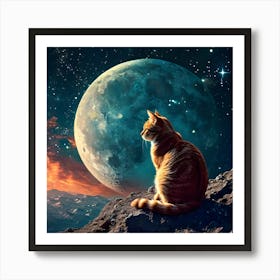 Cat Looking At The Moon Art Print