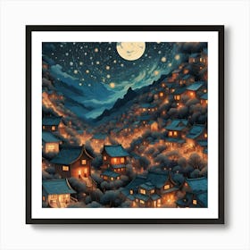 Village At starry Night Art Print