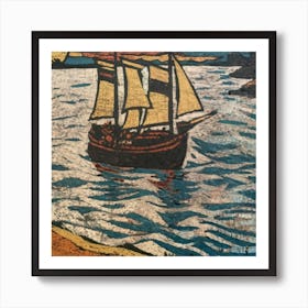 Oil painting of a boat in a body of water, woodcut, inspired by Gustav Baumann 11 Art Print