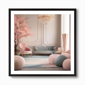 Pink And White Living Room Art Print