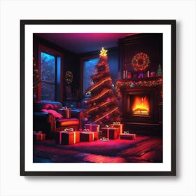 Christmas Presents Under Christmas Tree At Home Next To Fireplace Neon Ambiance Abstract Black Oil (7) Art Print