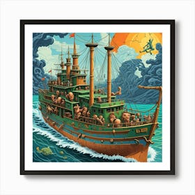 Steampunk Steam Ship Cubism Style Art Print