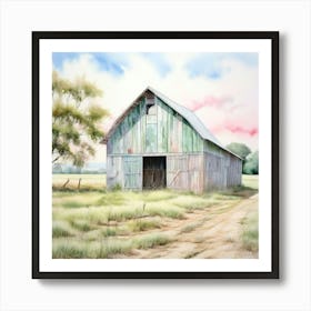 Watercolor Rustic Tin Barn Country Field Landscape With Shades Of Blush Pink Pale Blue Art Print