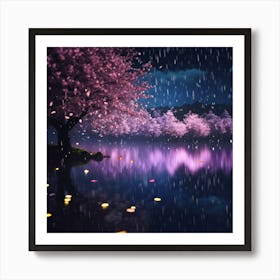 Pink Cherry Blossom Reflections on the Lake Art Print