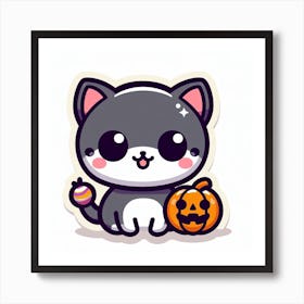 Cute Cat with a pumpkin for halloween - cute, kawaii, anime, cartoon Art Print
