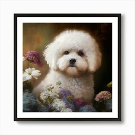 White Poodle In Flowers Art Print