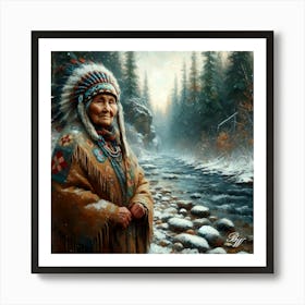 Elderly Native American Woman By Stream Copy Poster