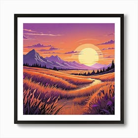 Summer Landscape Sunset In The Desert Cartoon Style Sunset Landscape With Grass Field And Trees (1) Art Print