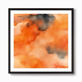 Beautiful tangerine peach abstract background. Drawn, hand-painted aquarelle. Wet watercolor pattern. Artistic background with copy space for design. Vivid web banner. Liquid, flow, fluid effect. Art Print