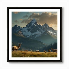 Deer Grazing On Mountains Land Art Art Print