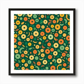 Green And Orange pattern, A Pattern Featuring Fruit like Shapes And Mustard Rustic Green And Orange Colors, Flat Art, 122 Art Print