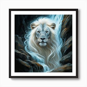 Lion By The Waterfall 1 Art Print