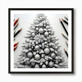 A Pencil Drawing Of A White Christmas Tree With Different Colorful Ornaments Decorated With 3 Art Print