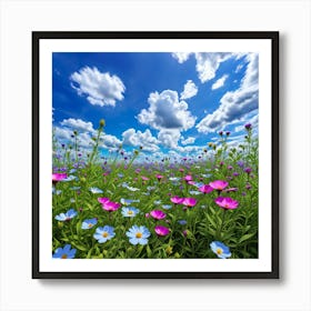 Flower Field With Blue Sky And Clouds Art Print