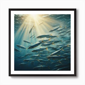 Sardines Art Prints: A school of sardines swimming in the ocean, with the sunlight filtering through the water and the fish shimmering and gleaming. The scene is rendered in a realistic, painterly style. 1 Art Print
