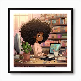 Afro Girl Working At Desk Art Print