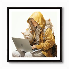Girl With Cats Art Print