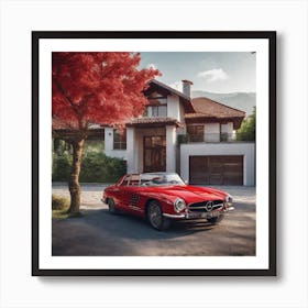 A Red Luxury Car Is Driving In A Rural Town Between Trees On A Street In Front Of A Luxurious Rural Villa Art Print