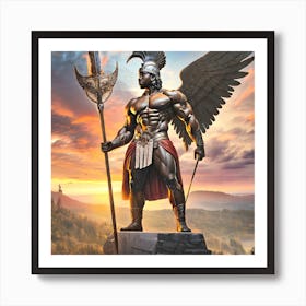 Firefly The Image Depicts A Statue Of A Muscular Man With A Large Winged Helmet, Holding A Spear In Art Print