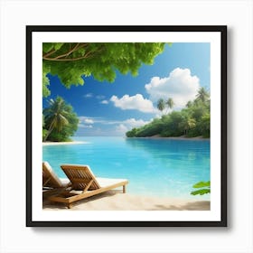 Two Lounge Chairs On The Beach Art Print