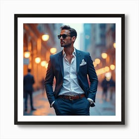 Sophisticated Man In Watercolor Attire, Glamorous City Lights 1 Art Print