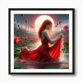 Red Woman In Water Art Print