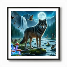 Wolf on the Mushroom Crystal Riverbank 1 Art Print